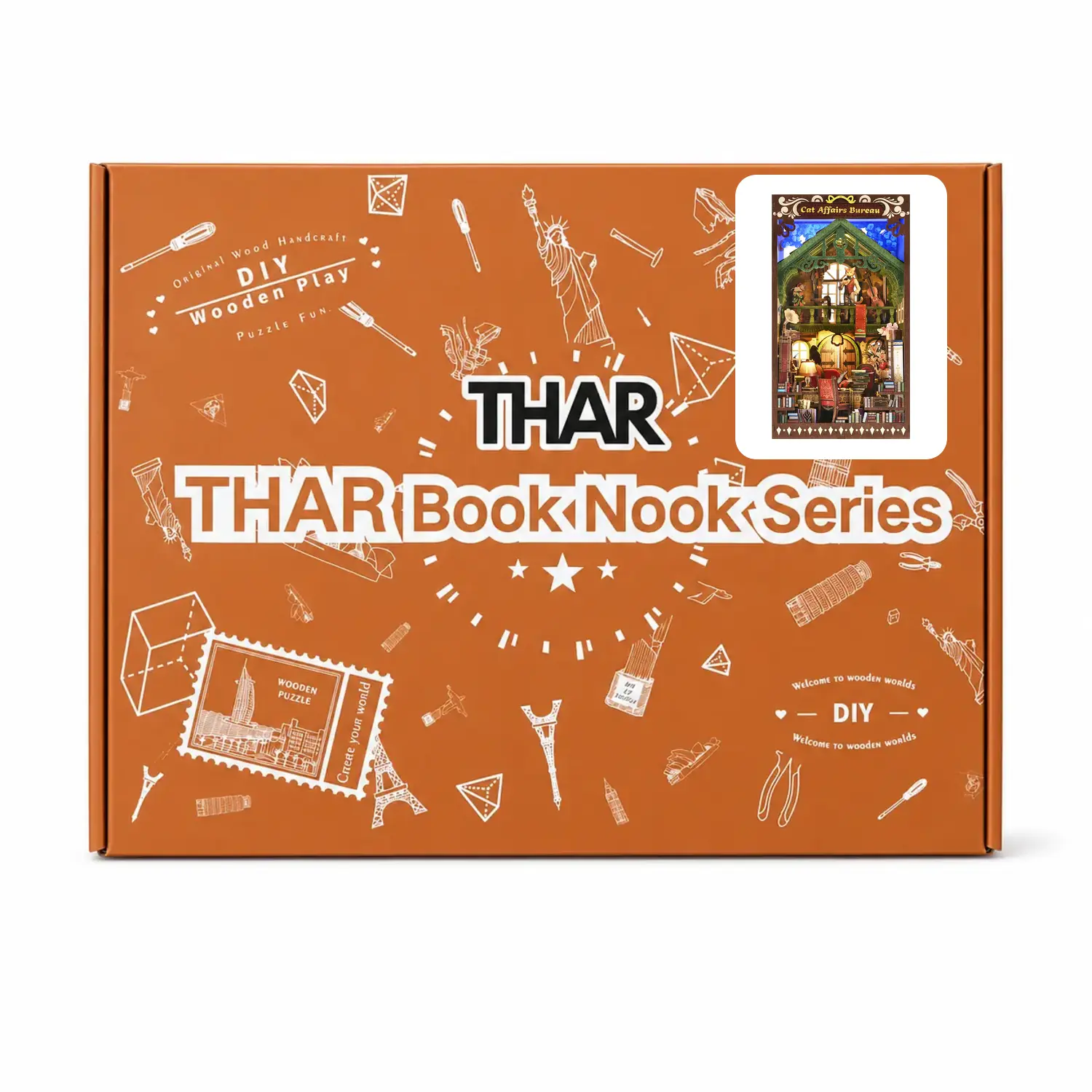 Verpakking van THAR Book Nook Cat Affairs Bureau met verlichte miniatuurwereld