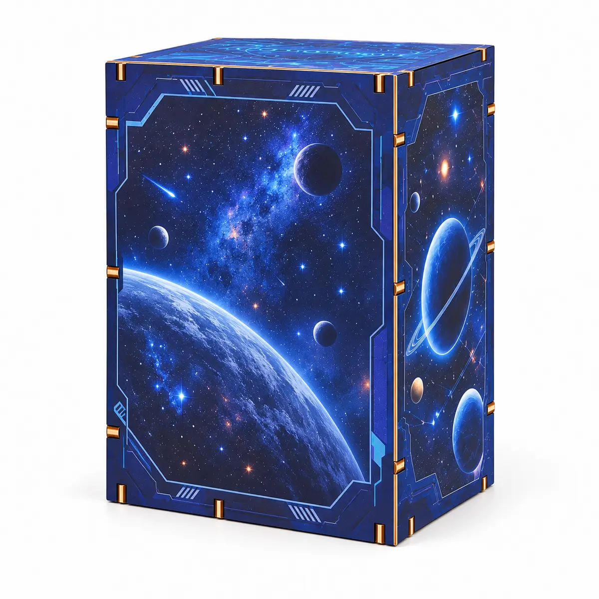 Achterkant van THAR Book Nook Cosmic Observatory met ruimtevaartprint