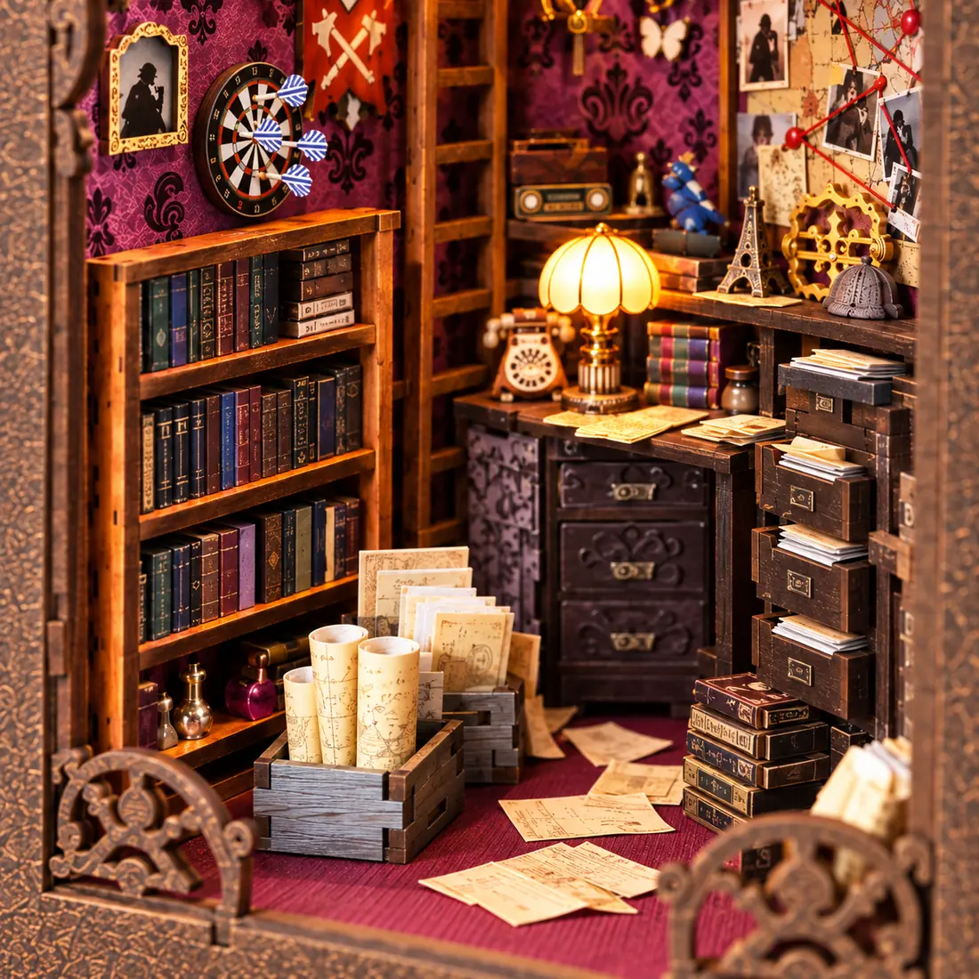 Detail van archiefkast en boekenkast in Detective Book Nook