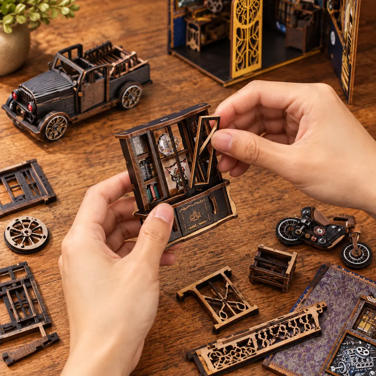 THAR Book Nook Garage Time bouwen – creatief houten miniatuur bouwpakket