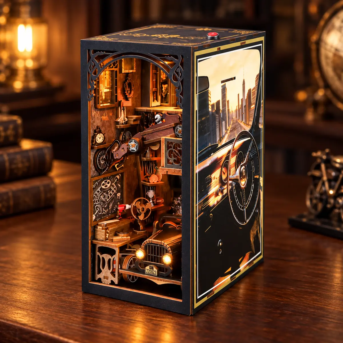 Warme LED-verlichting in de THAR Book Nook Garage Time miniatuurgarage