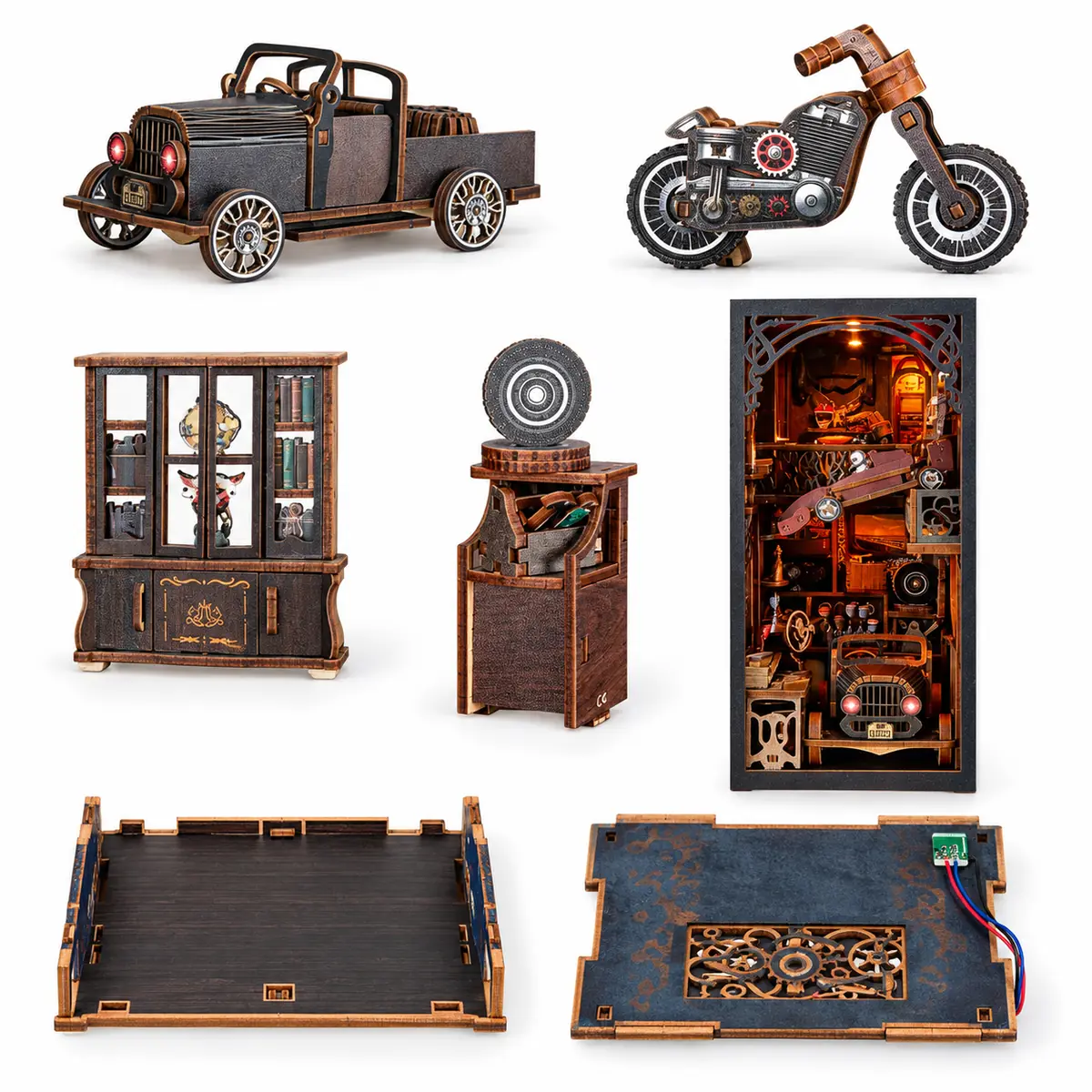 Onderdelen van THAR Book Nook Garage Time DIY bouwpakket met 483 onderdelen