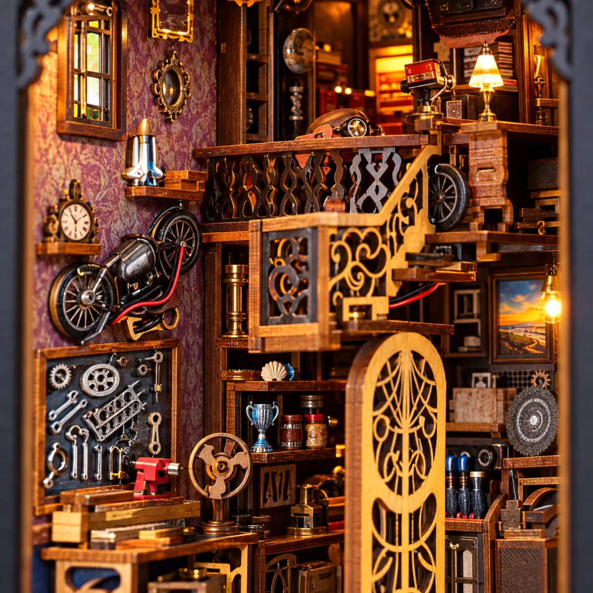 Detail van de THAR Book Nook Garage Time miniatuurwerkplaats met voertuigen en gereedschap