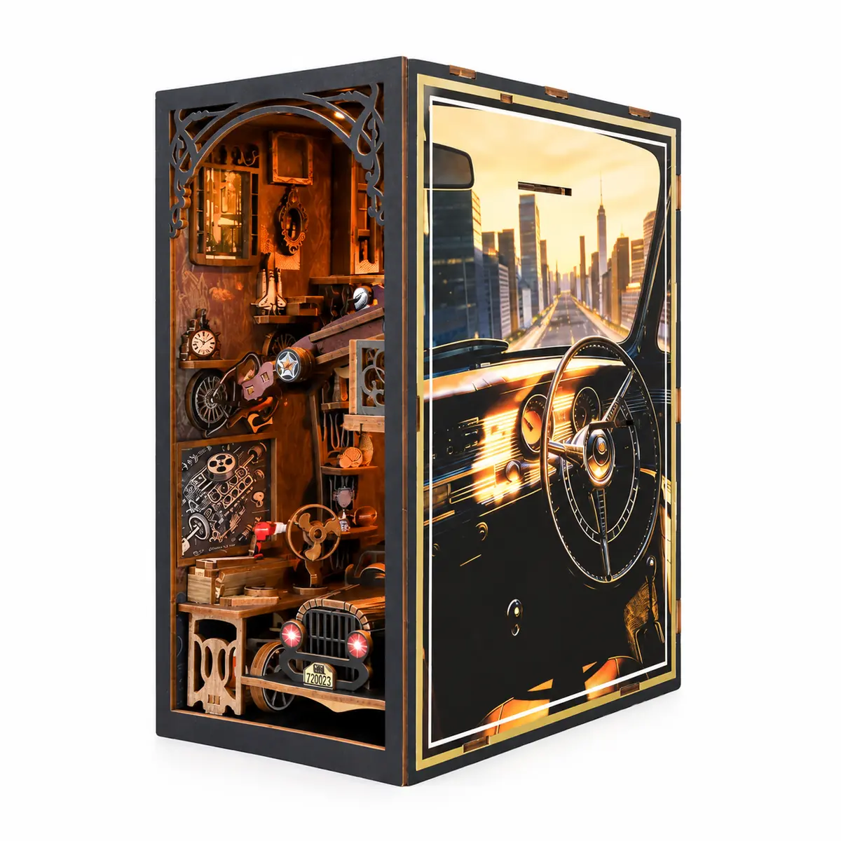 THAR Book Nook Garage Time zijaanzicht van houten miniatuurgarage