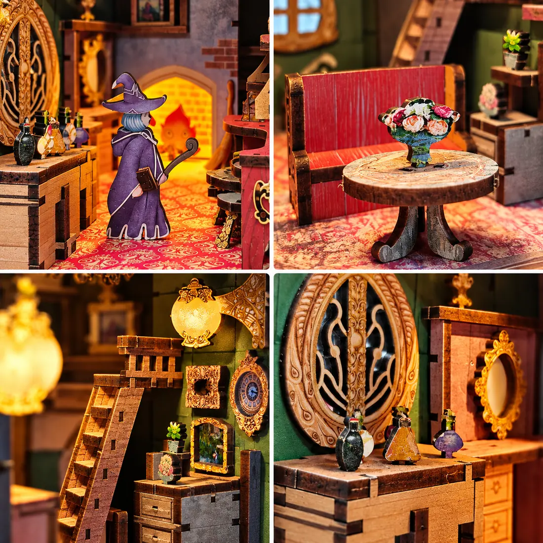Details van THAR Book Nook Magic Potion House met haard, meubels en verlichting