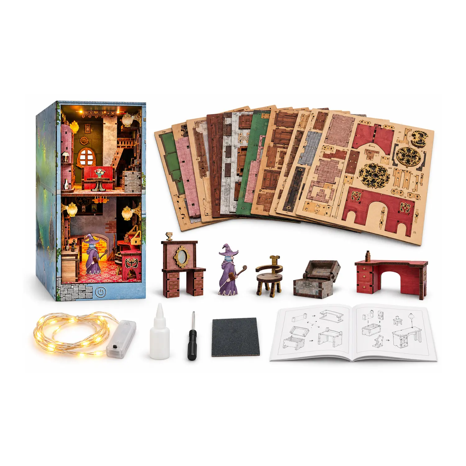 Onderdelen van THAR Book Nook Magic Potion House houten DIY-bouwpakket