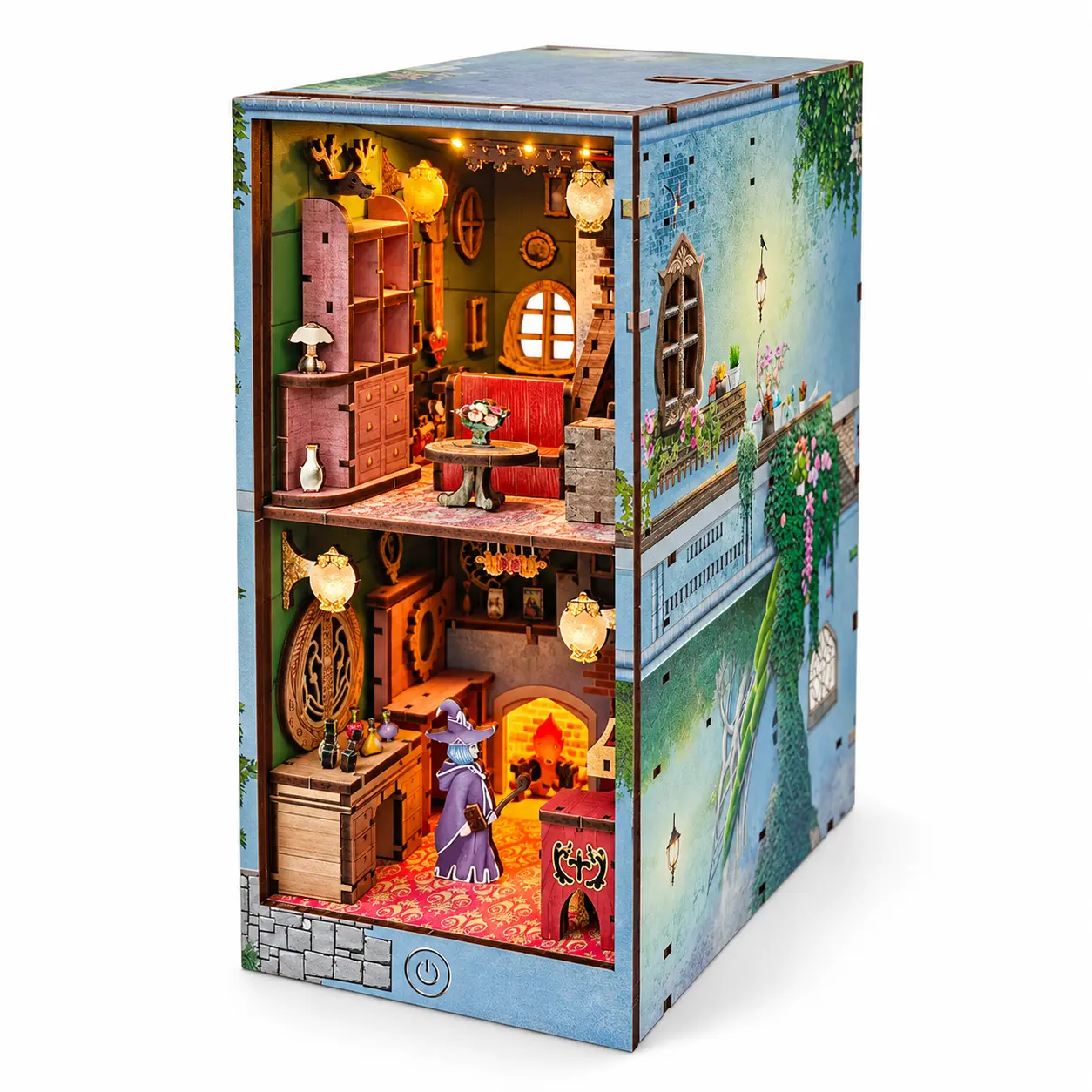 THAR Book Nook Magic Potion House schuin vooraanzicht met verlichte kamers