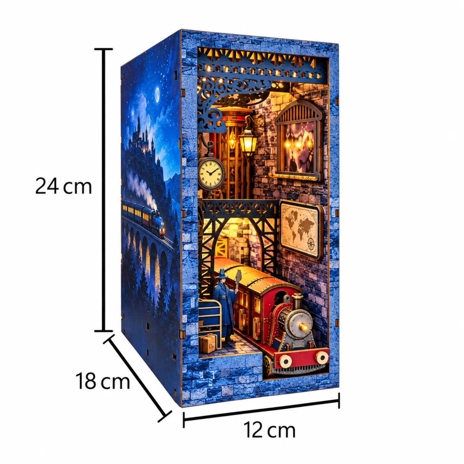 Afmetingen THAR Magic Train Station book nook: 24 x 12 x 18 cm