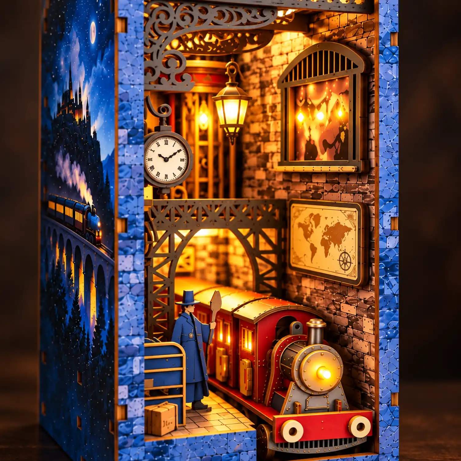Gelaagde 3D-details van de THAR Magic Train Station book nook