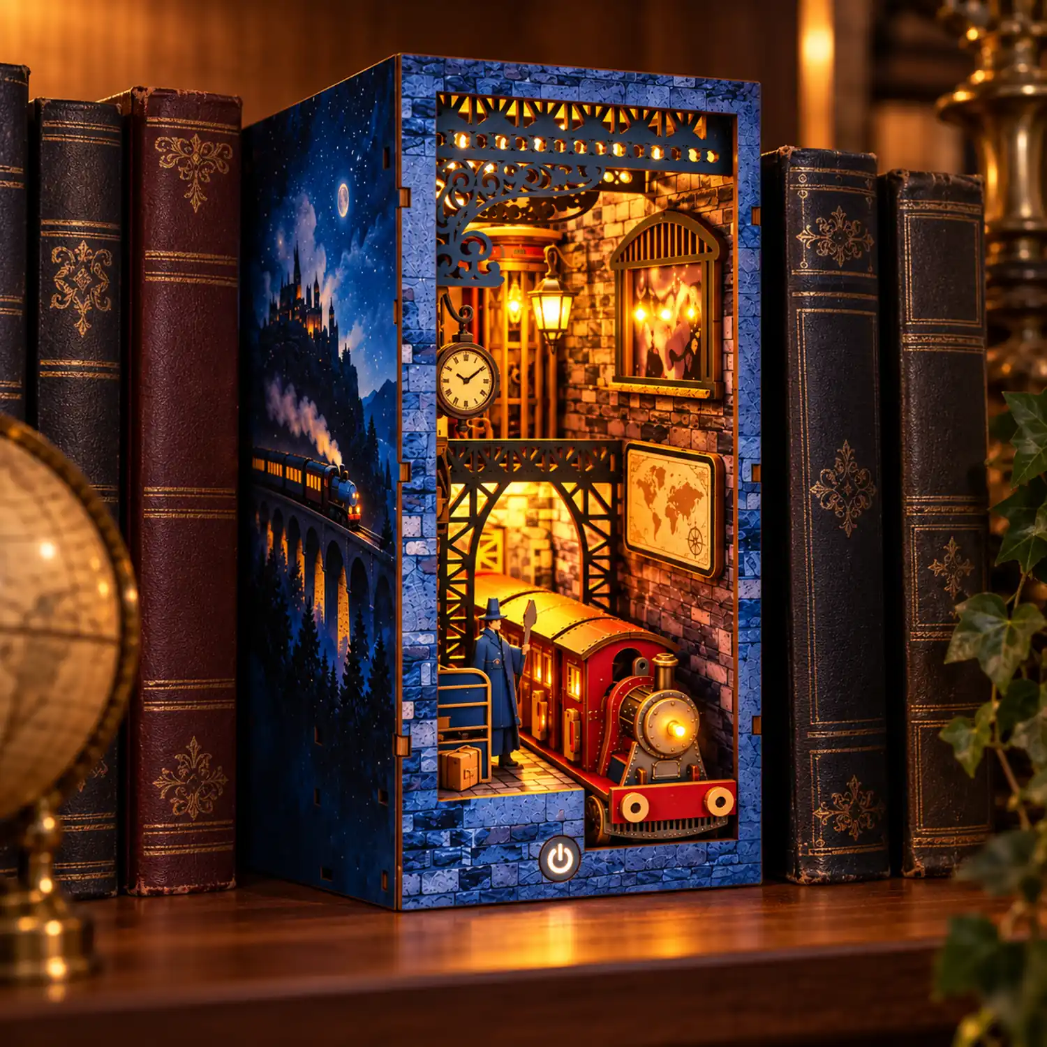 THAR Magic Train Station book nook met warme LED-verlichting ingeschakeld