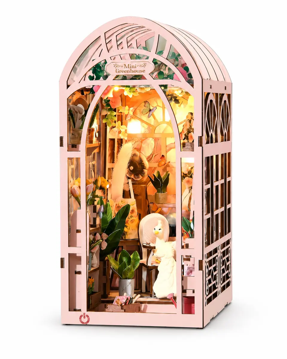 THAR Book Nook Mini Greenhouse verlichte miniatuurkas van hout
