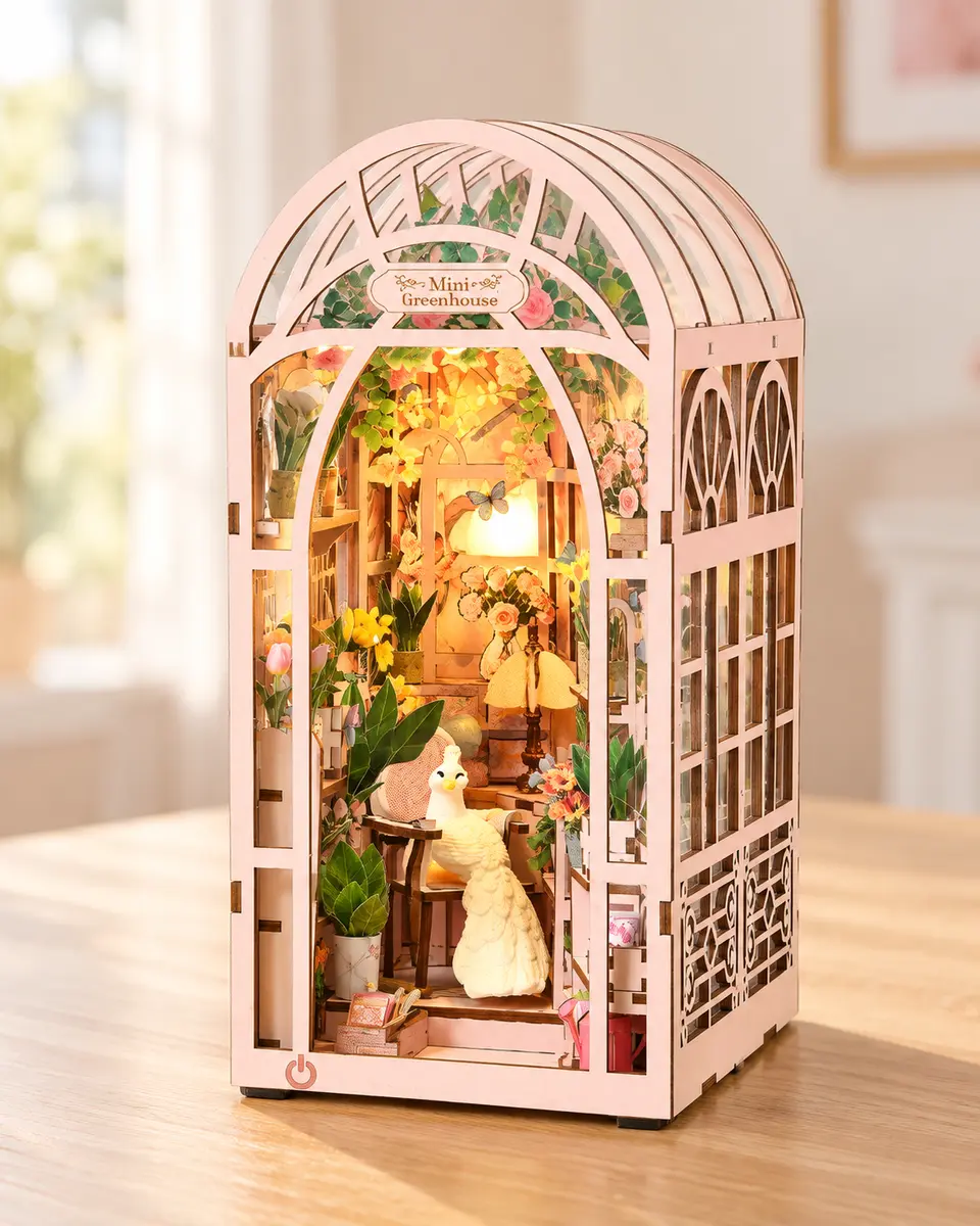 Schuin vooraanzicht van THAR Book Nook Mini Greenhouse met roze kasconstructie