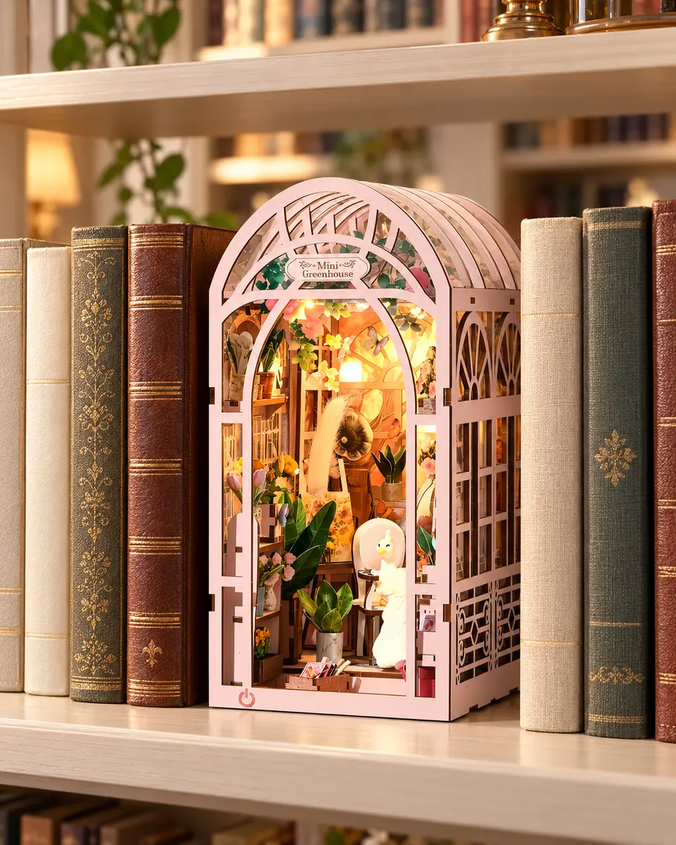 THAR Book Nook Mini Greenhouse als verlichte boekenkast decoratie tussen boeken