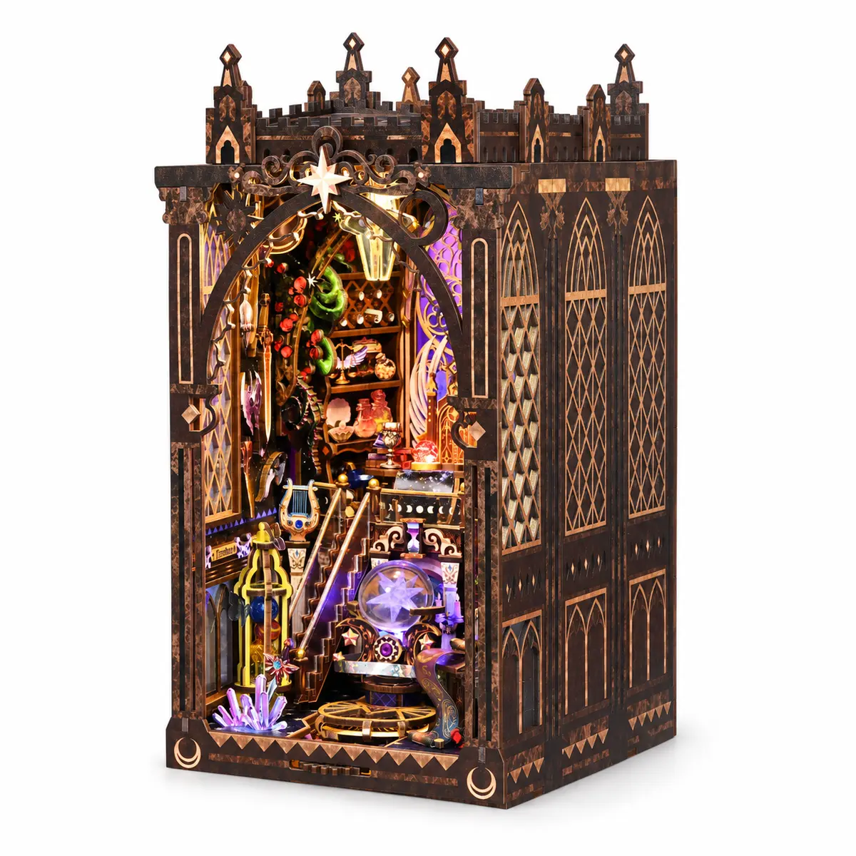THAR Book Nook Mystic Zodiac zijaanzicht met diepe houten miniatuurkamer