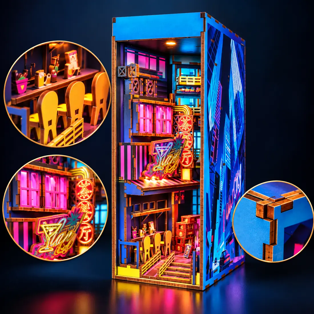 Detailoverzicht THAR Book Nook Neon Hong Kong Street met houten verbindingen en interieurdetails