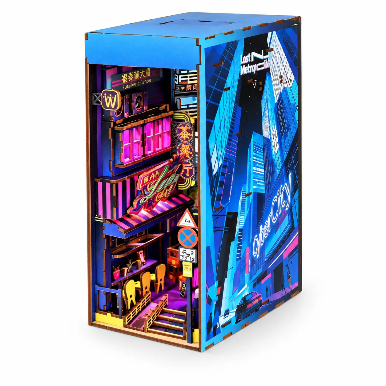 THAR Book Nook Neon Hong Kong Street houten book nook schuin vooraanzicht