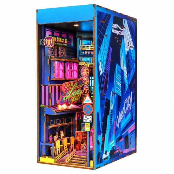 THAR Book Nook Neon Hong Kong Street DIY miniatuurstraat met LED vooraanzicht