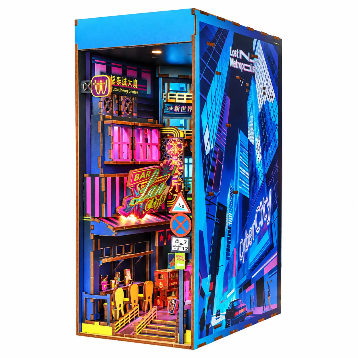 THAR Book Nook Neon Hong Kong Street DIY miniatuurstraat met LED vooraanzicht