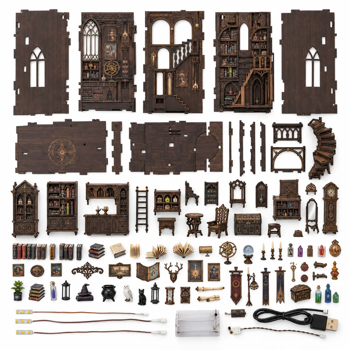 Houten bouwpakket onderdelen van THAR Book Nook The House of Magic