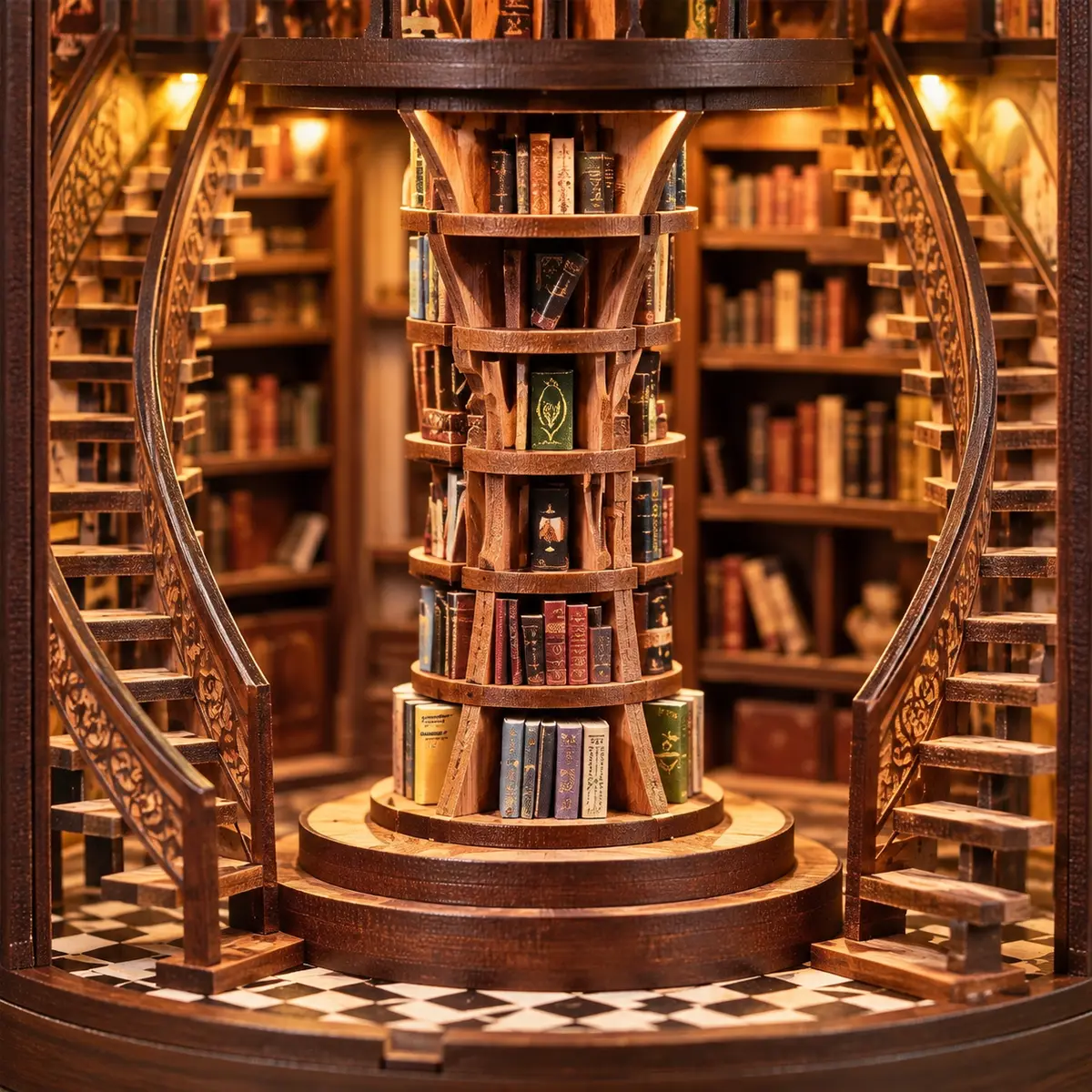 Gedetailleerde centrale boekenkast van THAR Book Nook Timeless Library