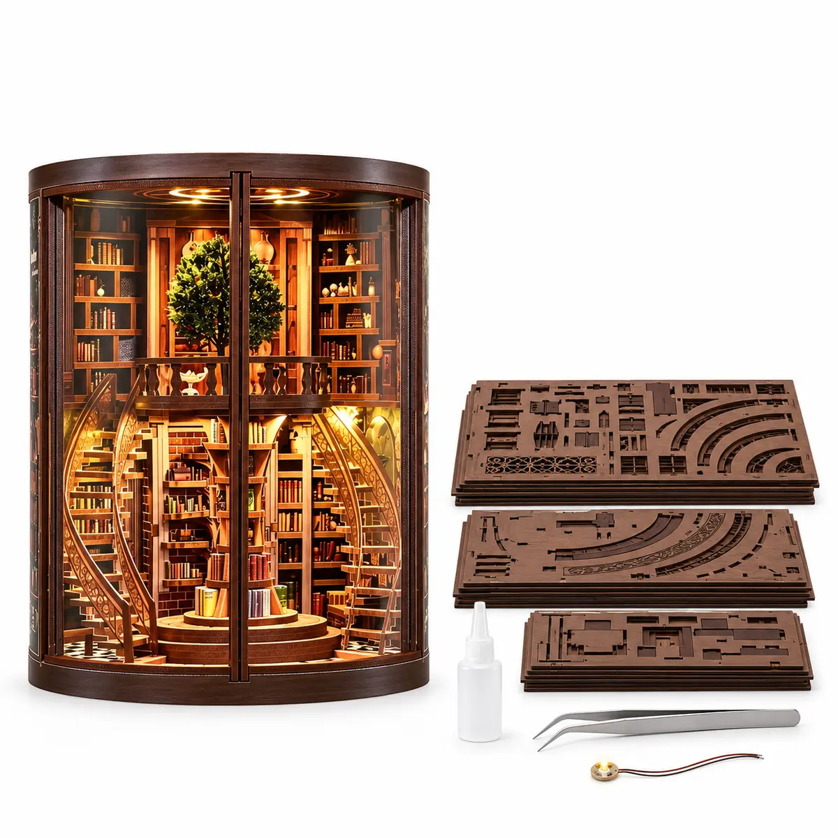 Inhoud THAR Book Nook Timeless Library bouwpakket met houten onderdelen en accessoires