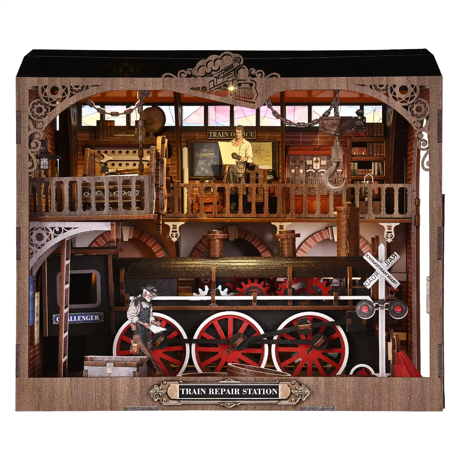 THAR Book Nook Train Repair Station miniatuur stoomlocomotief vooraanzicht
