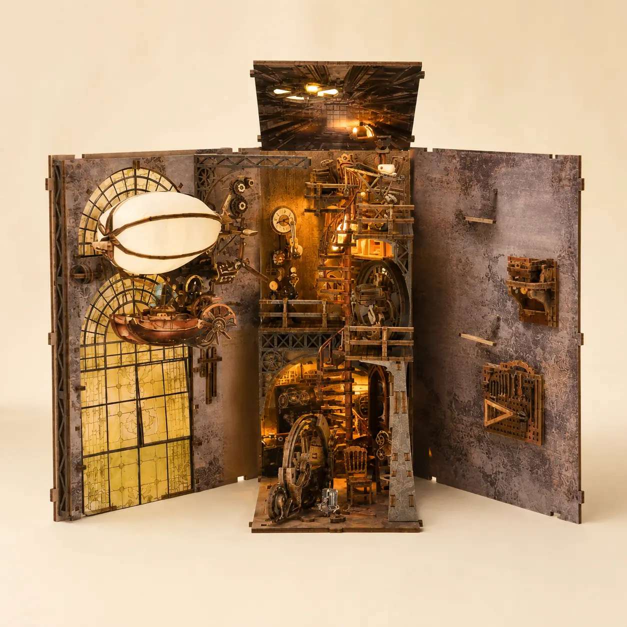 Geopende binnenstructuur van THAR Book Nook Miniatuurhuis Uncle Peter’s Warehouse