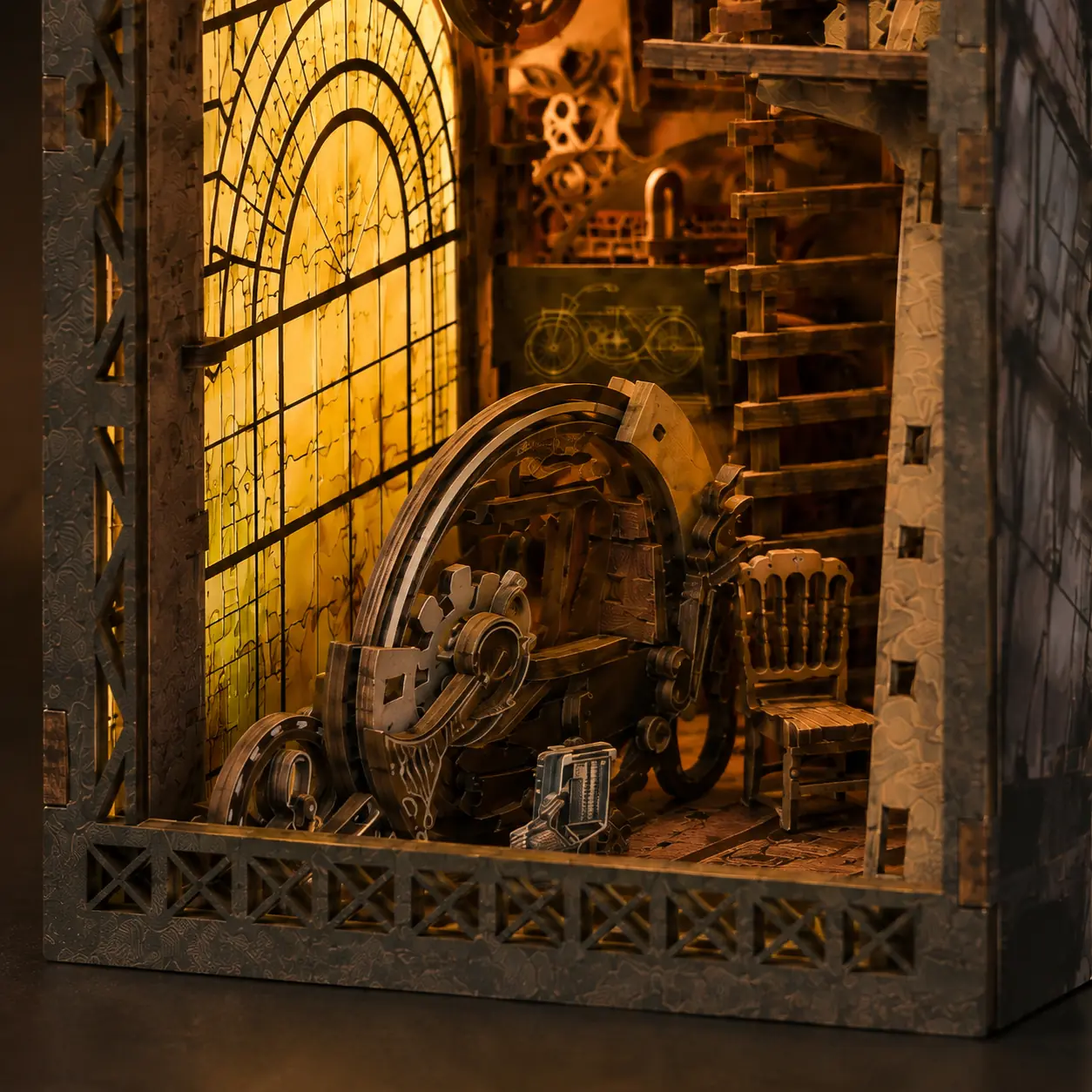 Tandwielen en miniatuurwerkplaats detail van THAR Book Nook Uncle Peter’s Warehouse