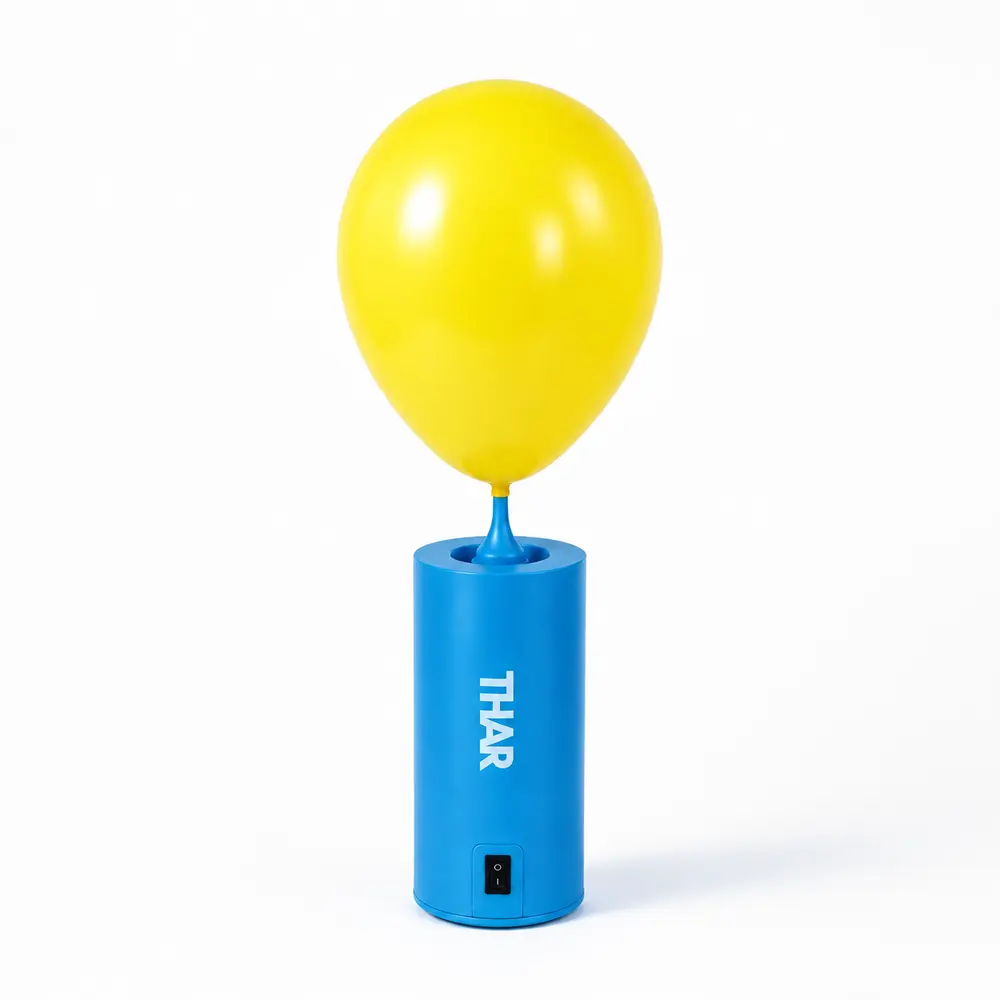 Blauwe THAR ballonpomp met opgeblazen gele ballon