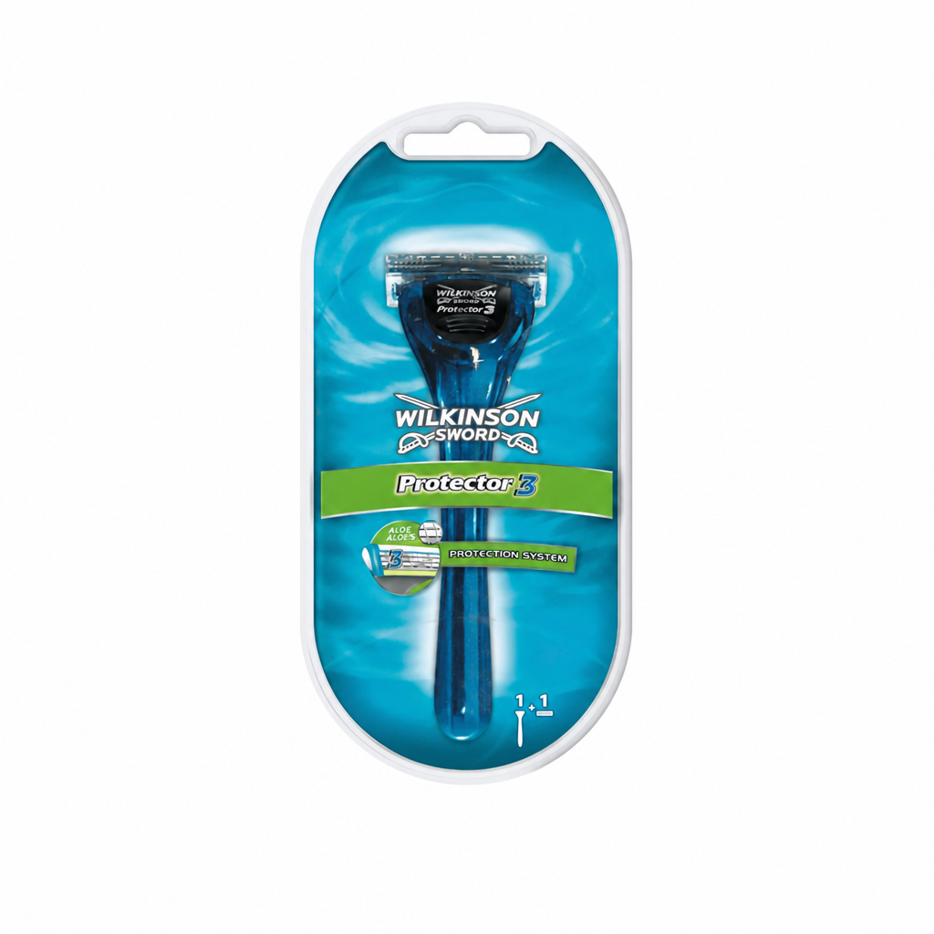 Wilkinson Sword Protector 3 scheersysteem met blauw handvat en scheermesje in blauwe blisterverpakking