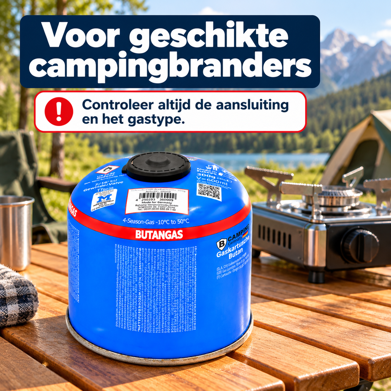 Butaangaspatroon van Camping Germany naast een los campingkooktoestel met waarschuwing om aansluiting en gastype te controleren.