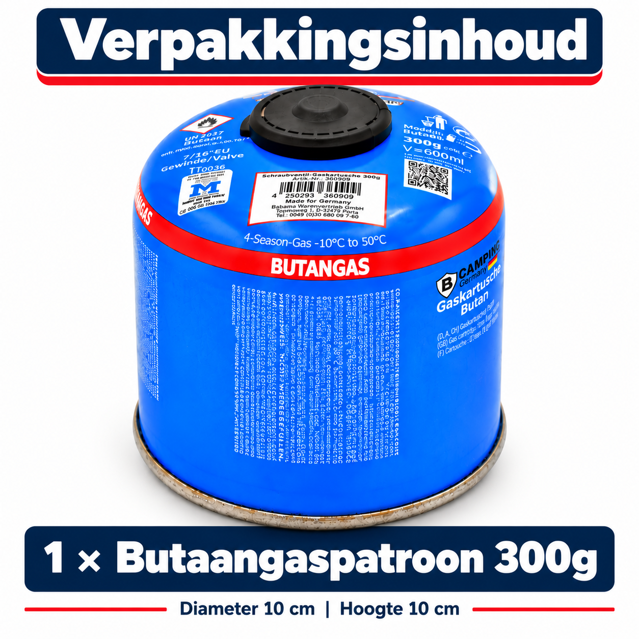 Camping Germany gaspatroon met 300 gram gasinhoud, circa 400 gram totaalgewicht en afmetingen van 10 × 10 cm.