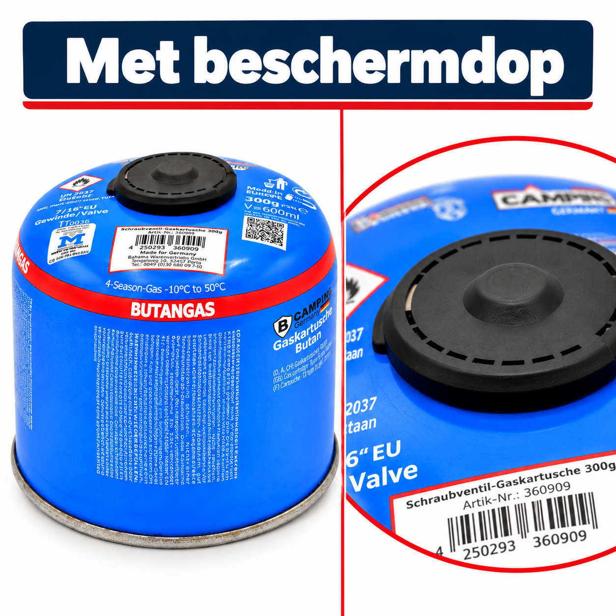 Camping Germany gascartridge met zwarte beschermdop en vergrote detailweergave van de afgedekte aansluiting.