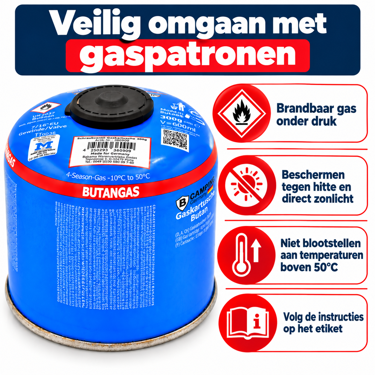 Veiligheidsinformatie voor Camping Germany butaangaspatroon 300g met waarschuwingen voor brandbaar gas, hitte en direct zonlicht.