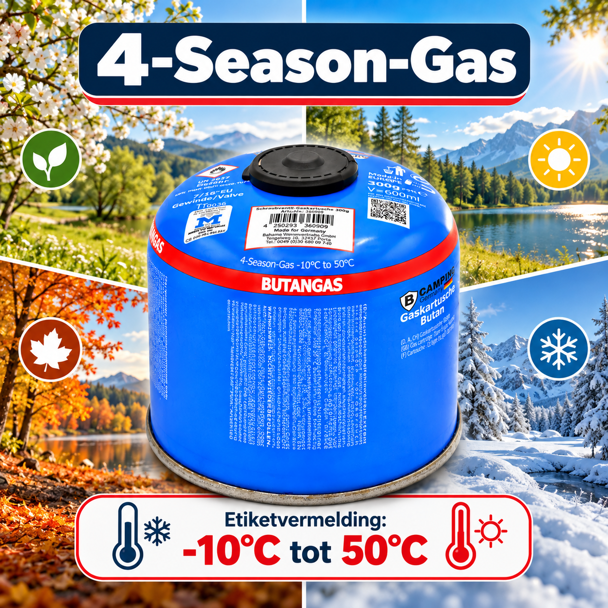 Camping Germany 4-Season-Gas butaangaspatroon met lente, zomer, herfst en winter en etiketvermelding -10°C tot 50°C.