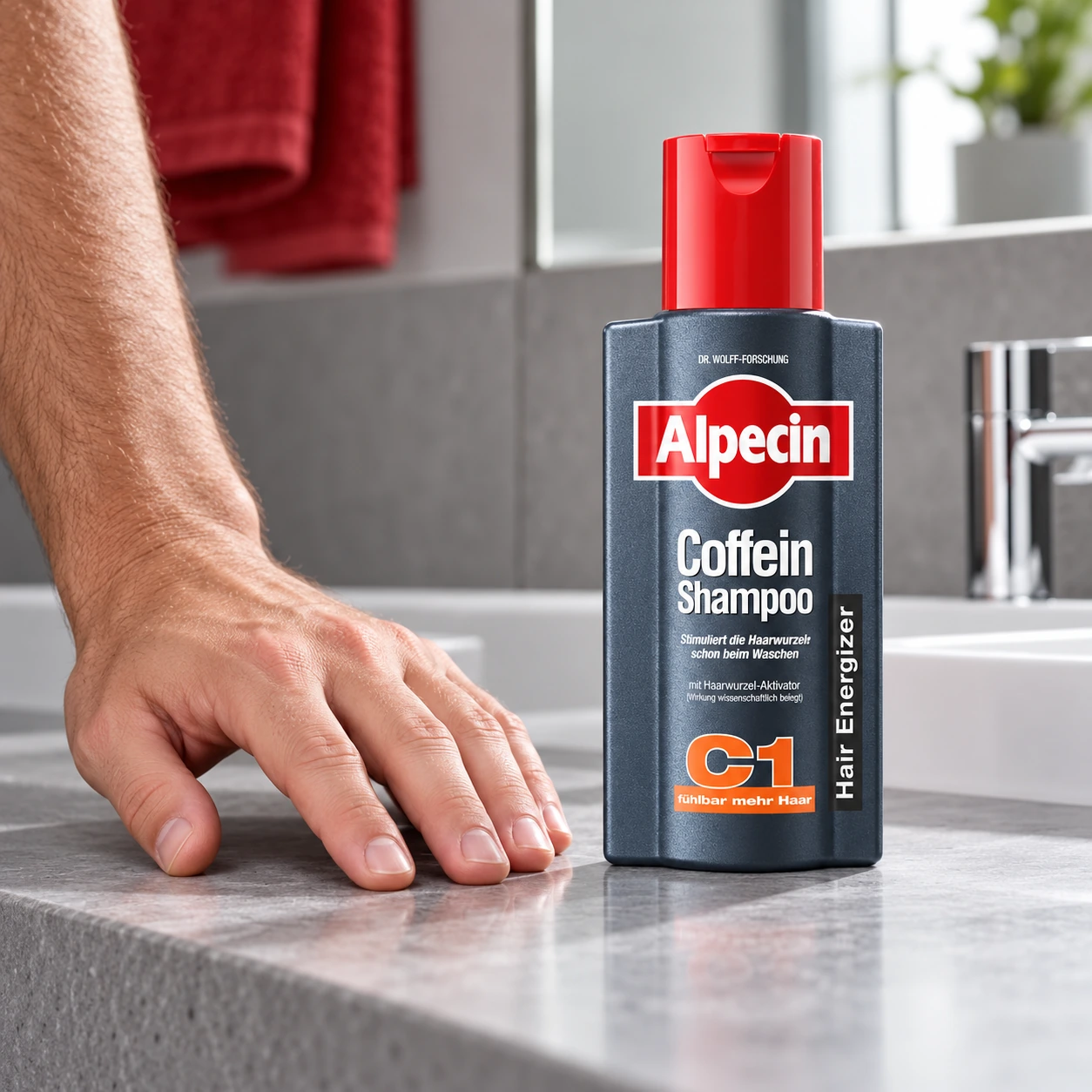 Alpecin C1 fles naast een hand op een moderne badkamerplank