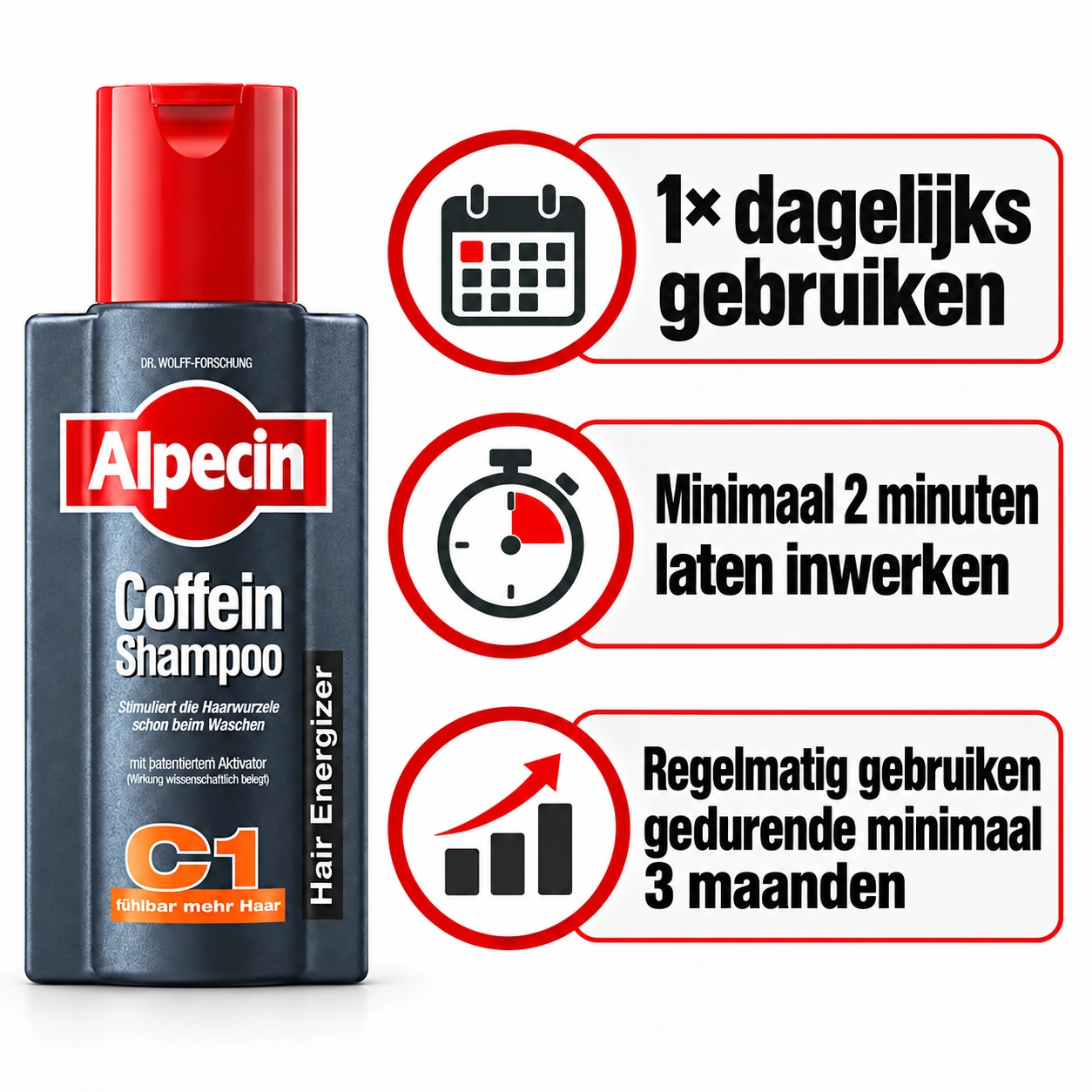 Gebruiksaanwijzing voor Alpecin C1 met dagelijks gebruik, 2 minuten inwerktijd en regelmatig gebruik