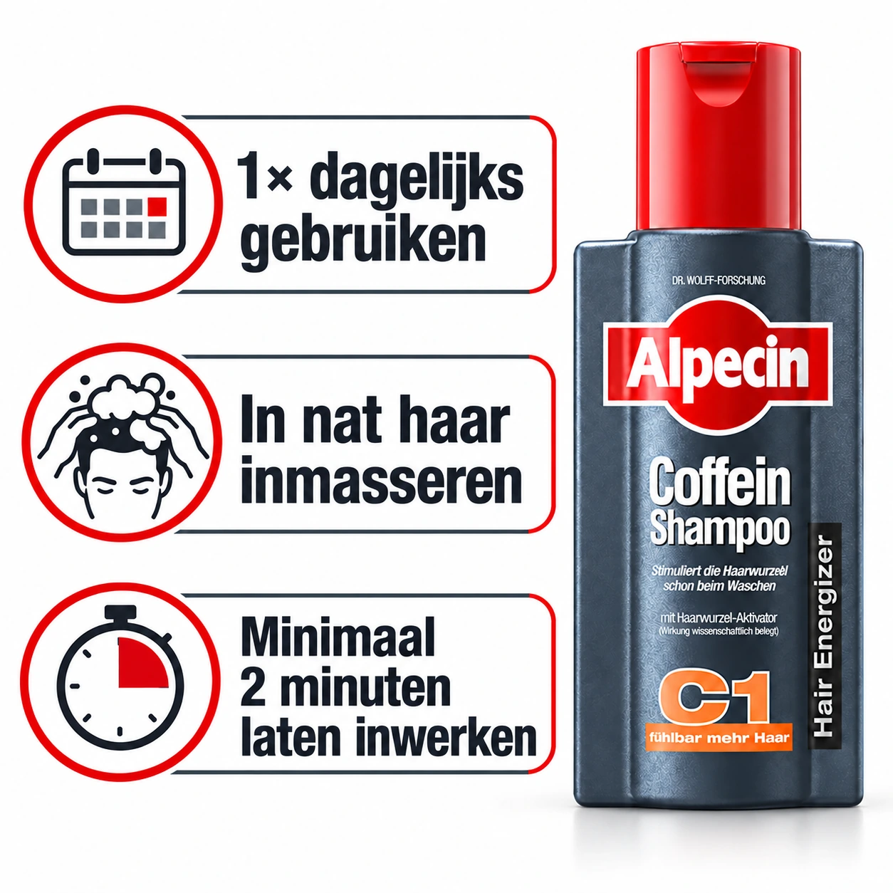 Gebruiktips voor Alpecin C1: dagelijks gebruiken, inmasseren in nat haar en minimaal 2 minuten laten inwerken