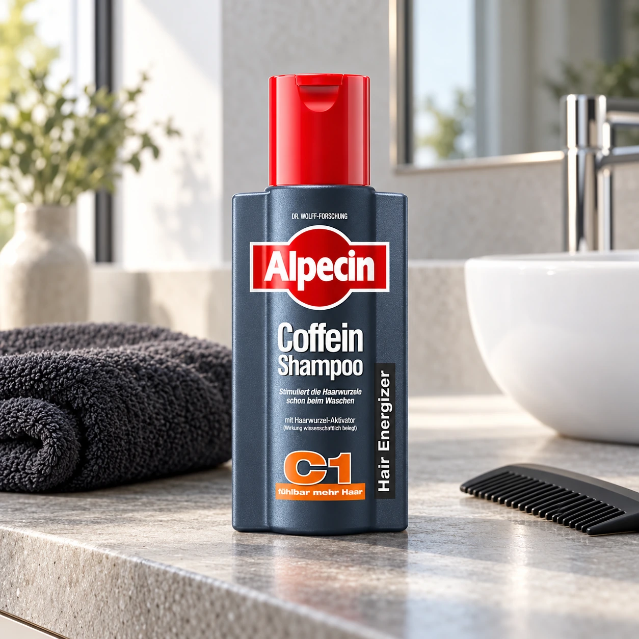 Alpecin C1 shampoo op een badkamerblad met een donkere handdoek en kam