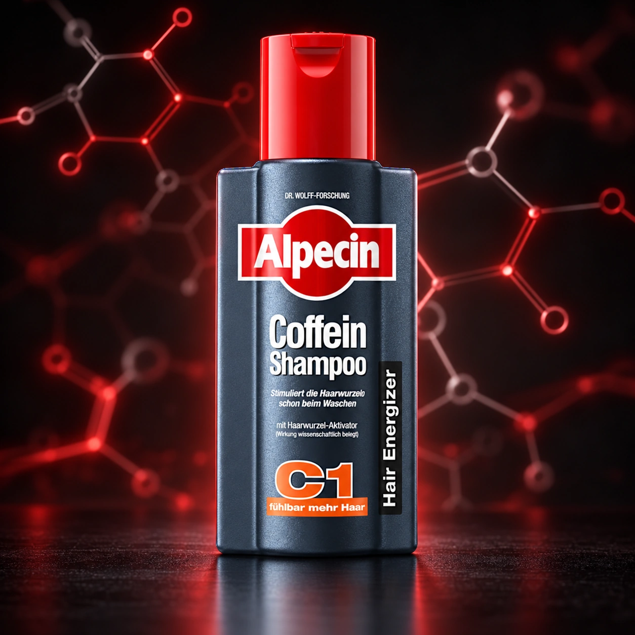Alpecin C1 shampoo met een decoratief rood-wit molecuulpatroon op donkere achtergrond