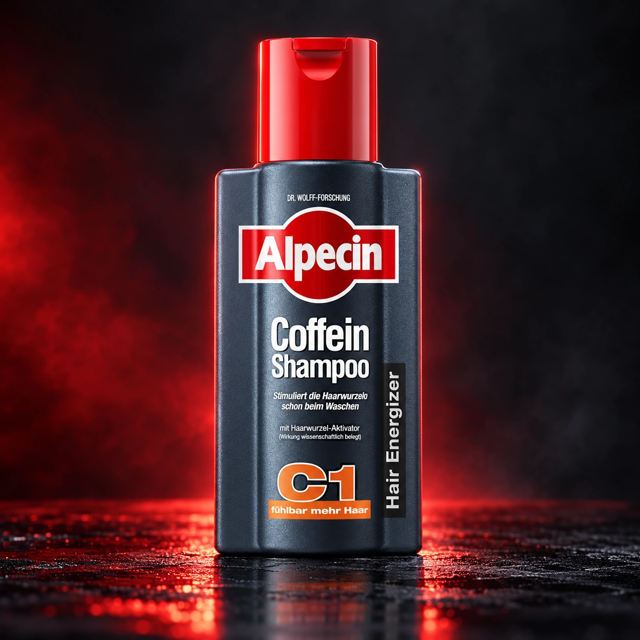 Alpecin C1 shampoo op een donkere achtergrond met rode studioverlichting