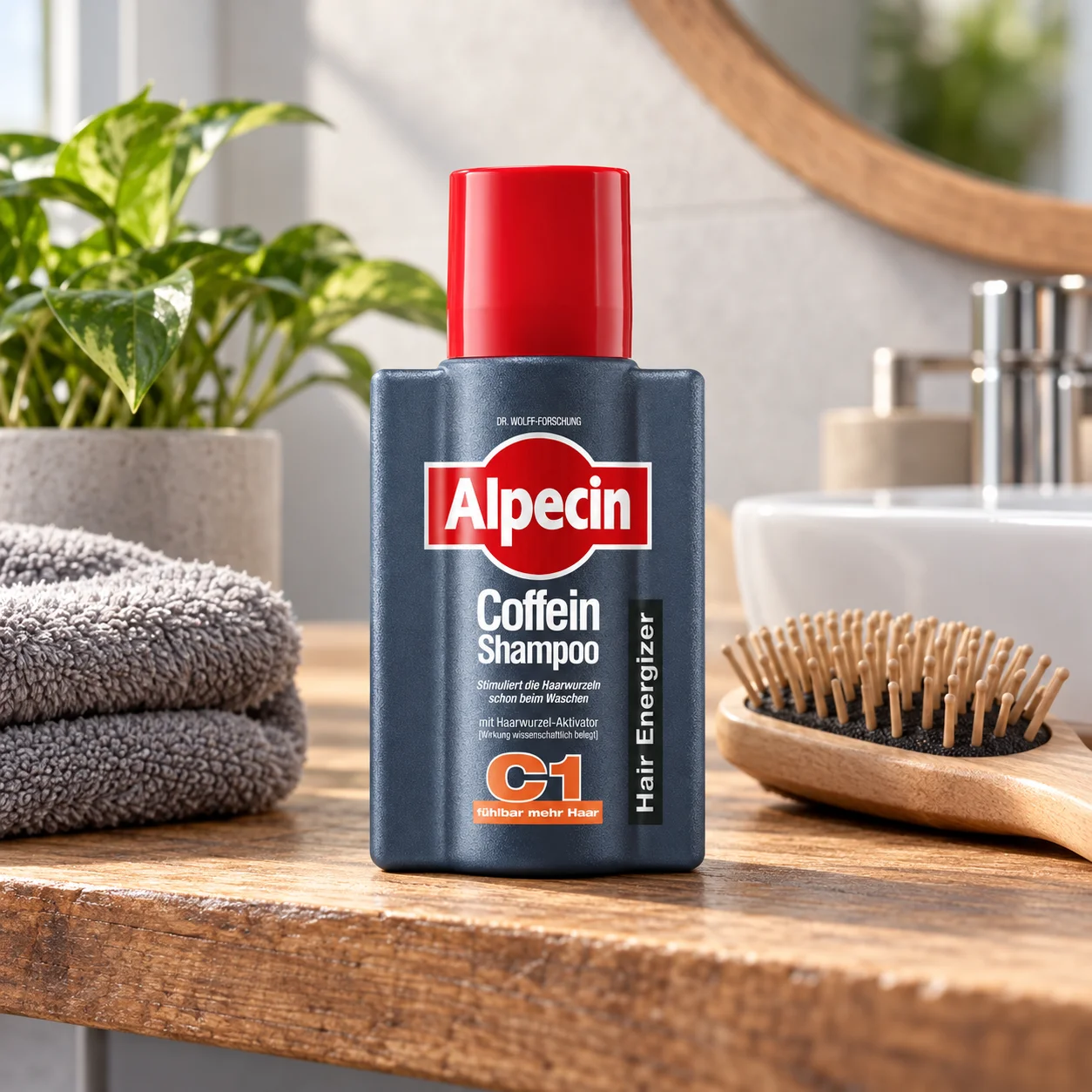 Alpecin C1 cafeïneshampoo op een houten badkamerplank