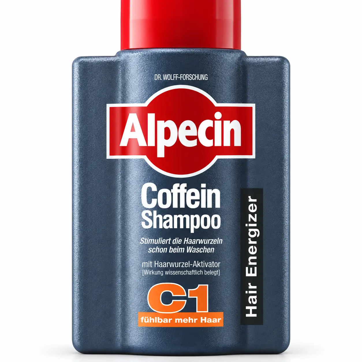 Close-up van het etiket van Alpecin Coffein Shampoo C1