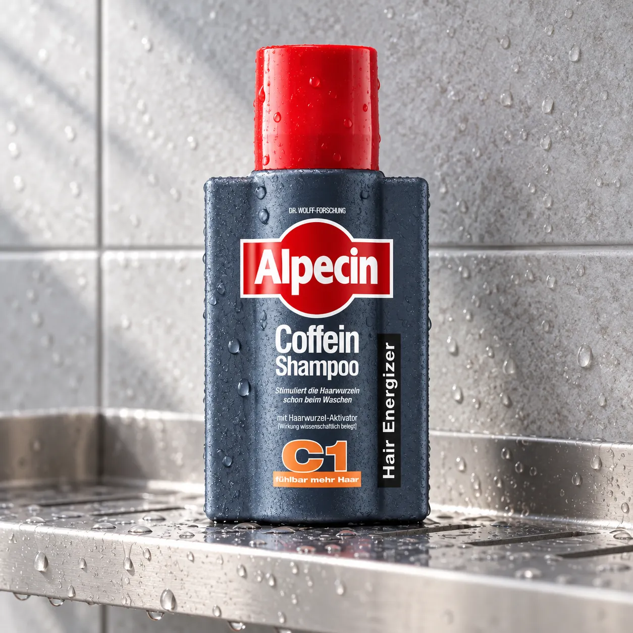 Alpecin C1 shampoo 75 ml op een doucheplank