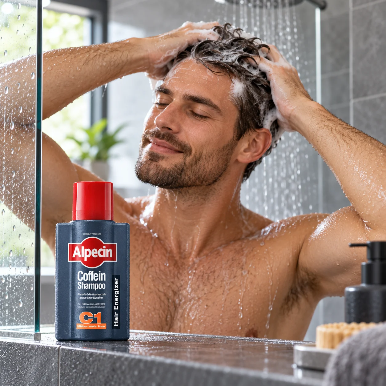 Man wast zijn haar onder de douche met Alpecin C1 shampoo op de voorgrond