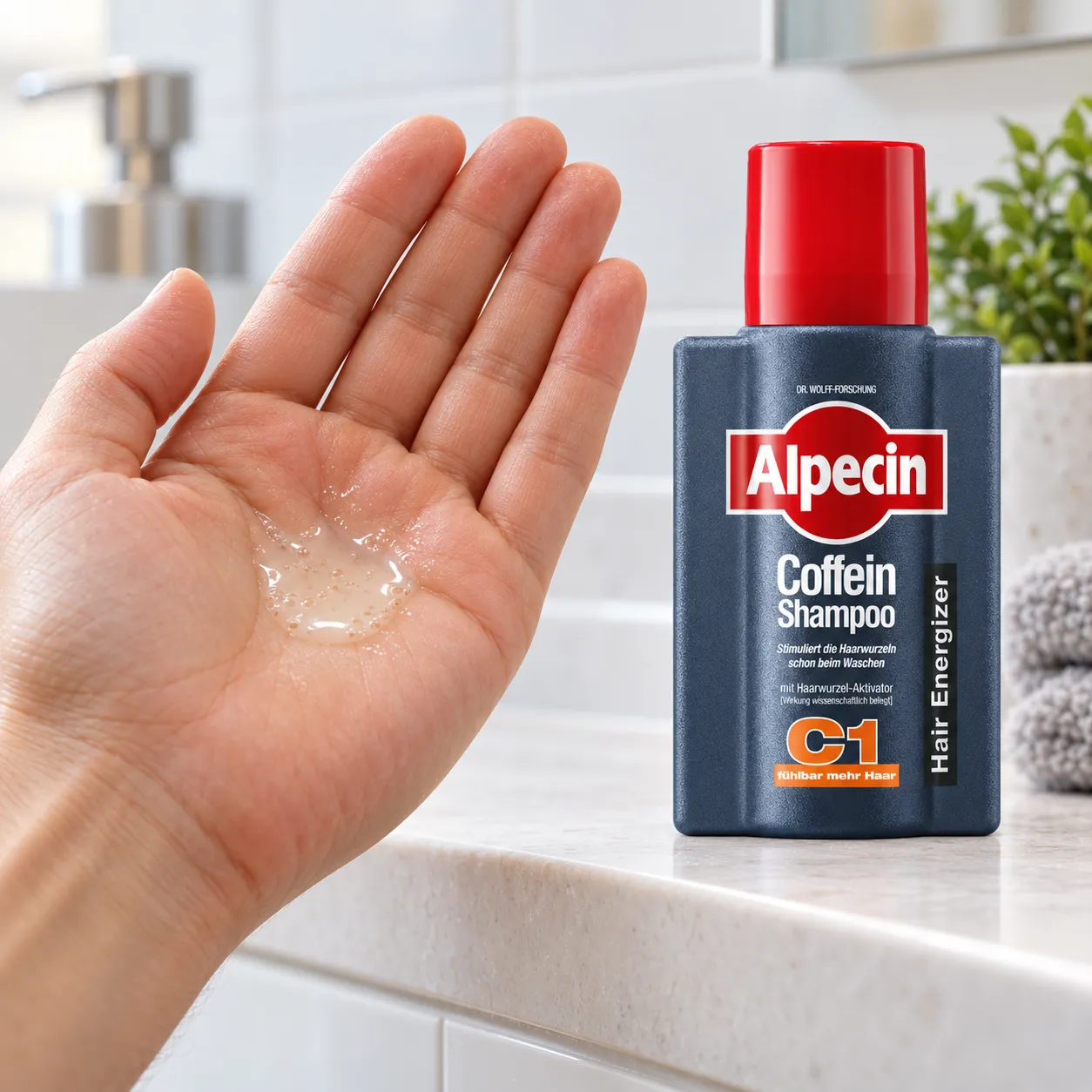 Alpecin C1 cafeïneshampoo 75 ml naast een hand met shampoo