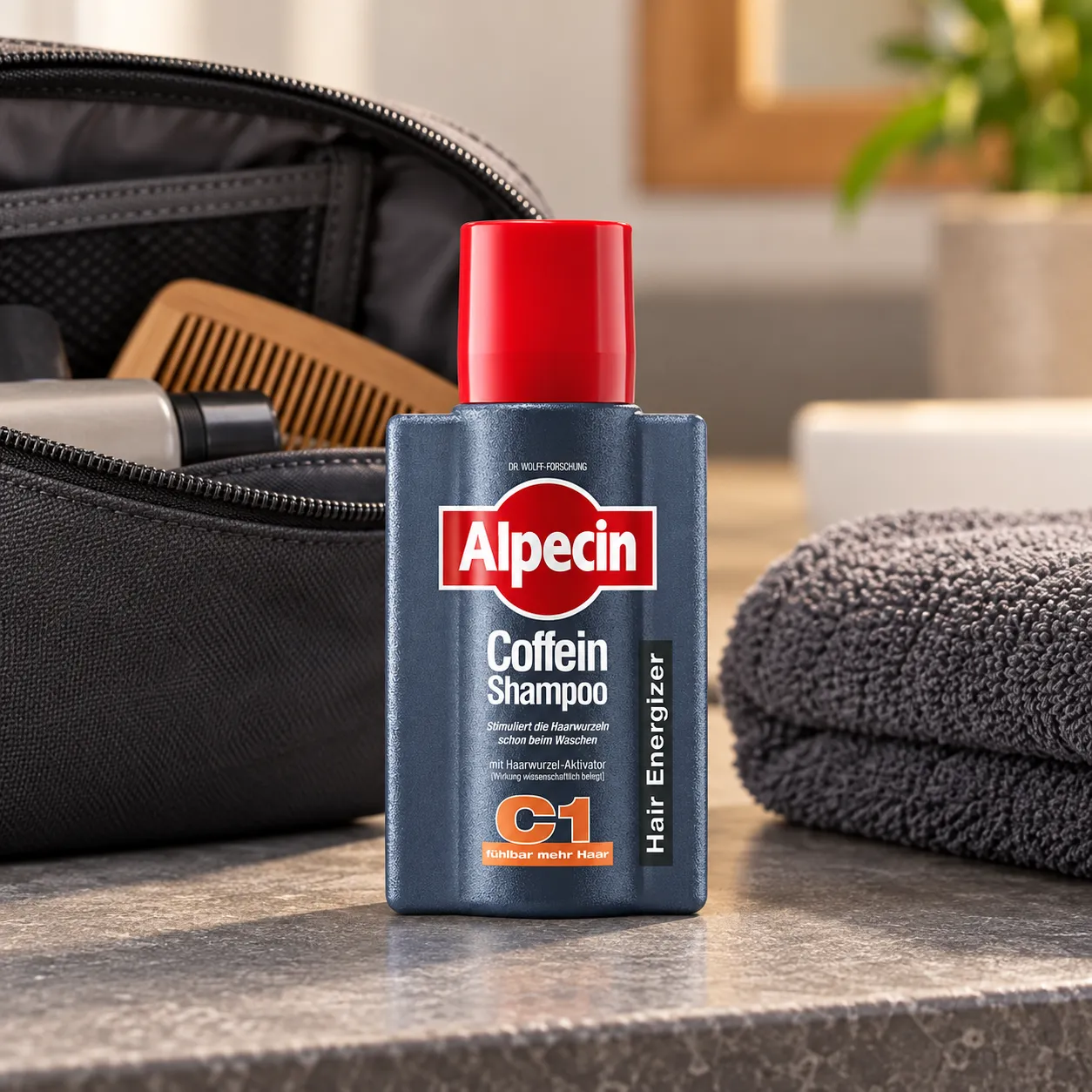 Alpecin C1 shampoo 75 ml naast een toilettas en handdoek