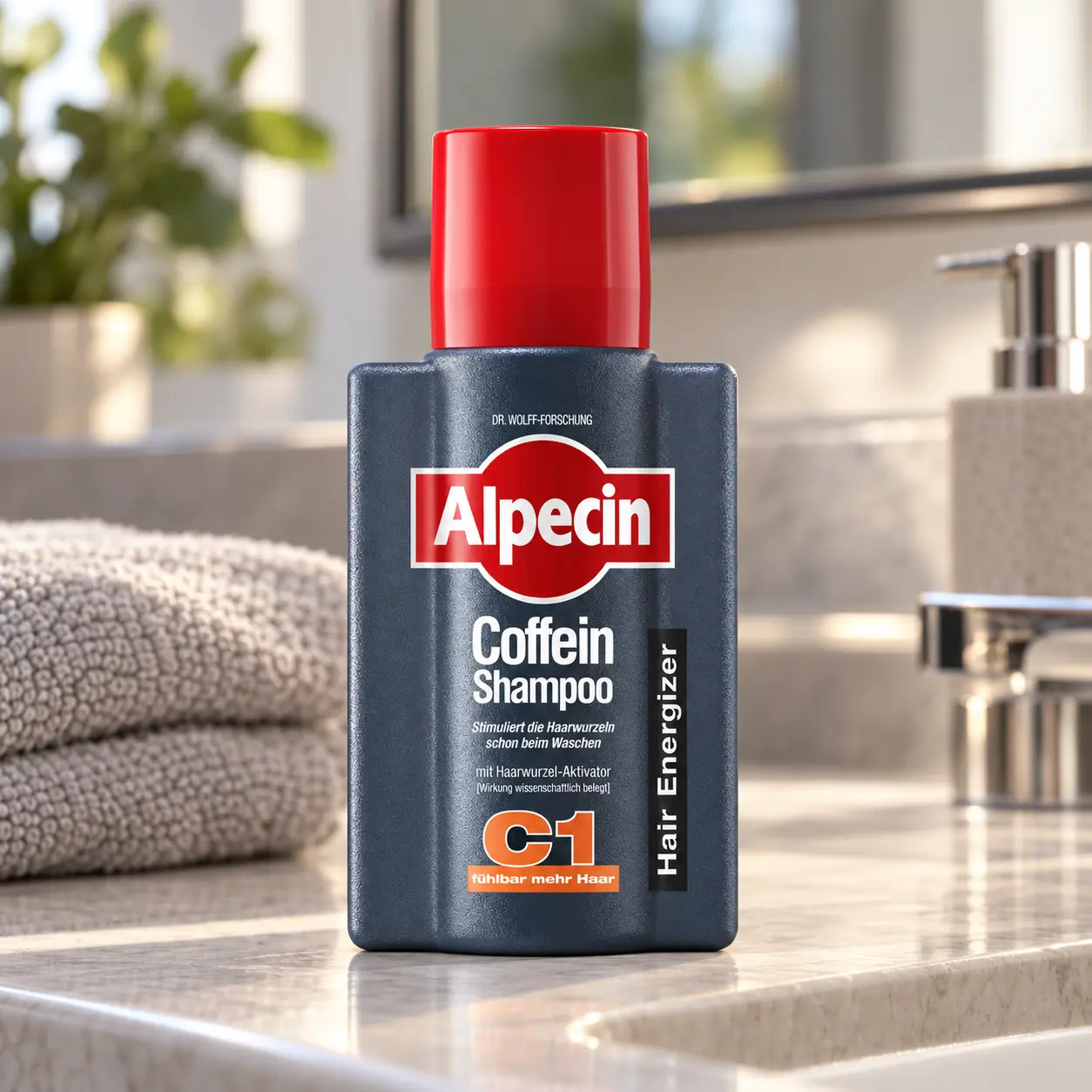 Alpecin Coffein Shampoo C1 75 ml op een wastafel in de badkamer