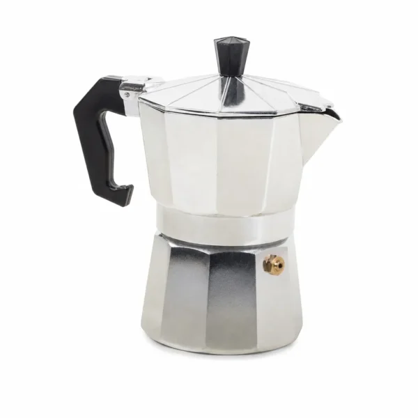 Aluminium percolator met achthoekige vorm, zwarte handgreep en knop op een witte achtergrond