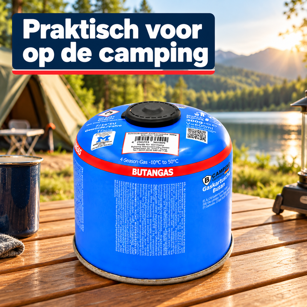Camping Germany butaangaspatroon 300g op een houten campingtafel bij een tent, bos en meer.